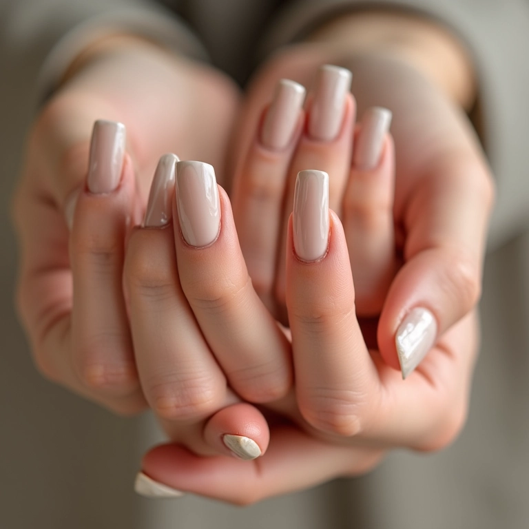 Nail art minimalista em mãos elegantes com linhas delicadas e tons neutros.