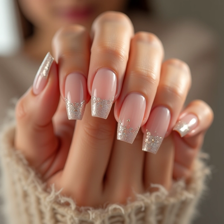 Nail art nude com detalhes sutis em glitter.