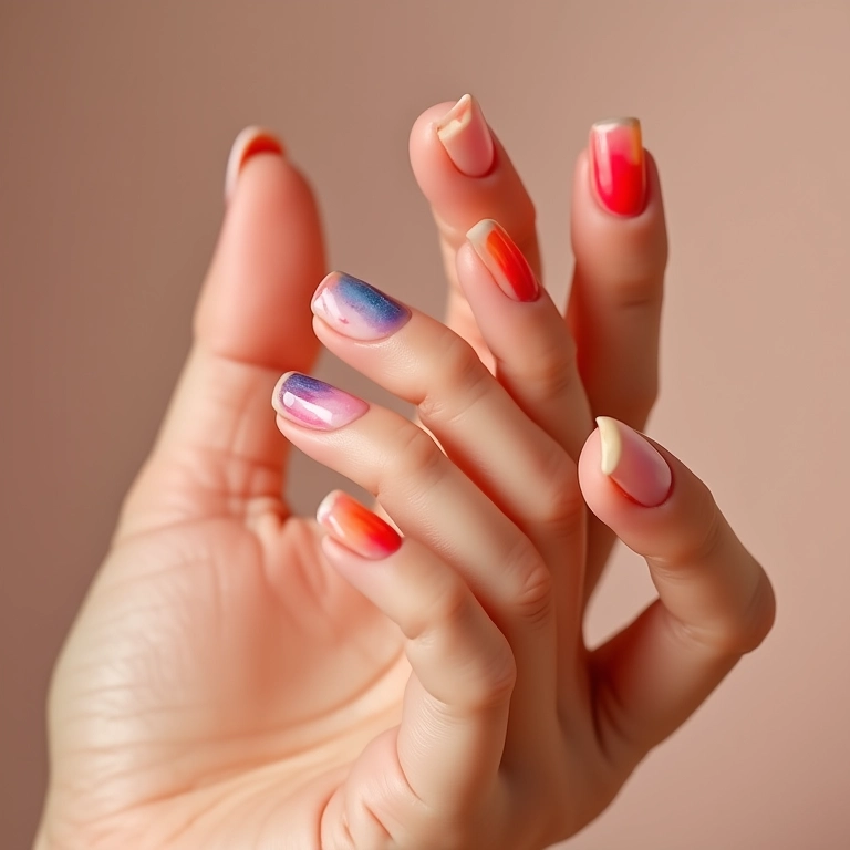 Nail art nude minimalista com pontos de cor.