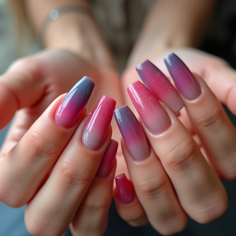 Nail art ombré em mãos estilosas com cores gradientes e transições suaves.