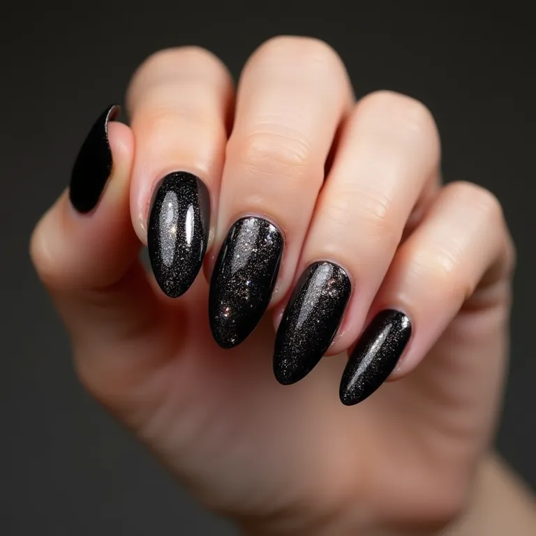 Nail art preta com glitter: brilho e glamour nas unhas.