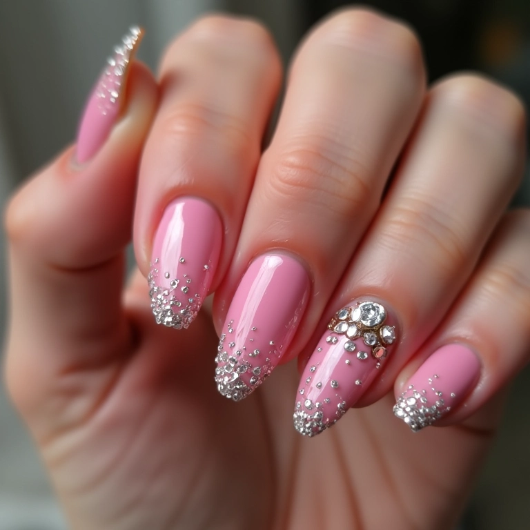 Nail art rosa com pedrarias: unhas sofisticadas e elegantes.
