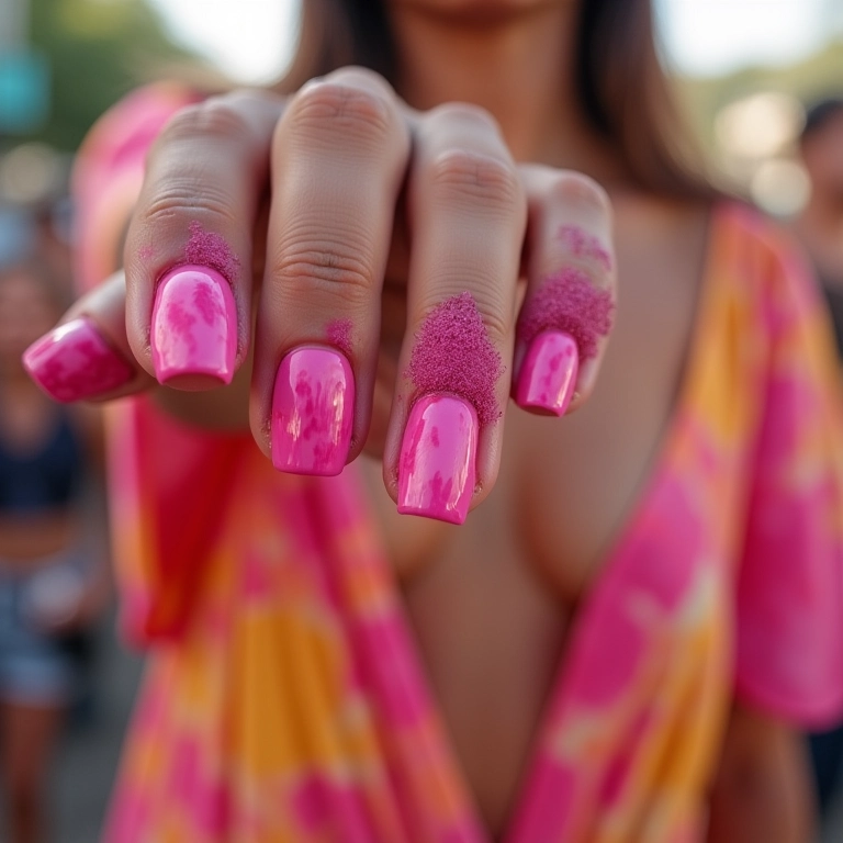 Nail art rosa tie-dye: estilo hippie chic nas unhas.