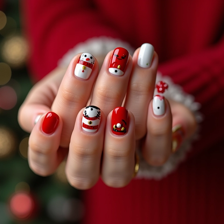 Nail art temática em mãos festivas com desenhos inspirados em feriados e cores alegres.