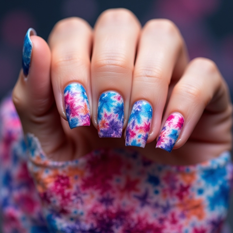 Nail art tie-dye em unhas coloridas com padrões em espiral e tons vibrantes.