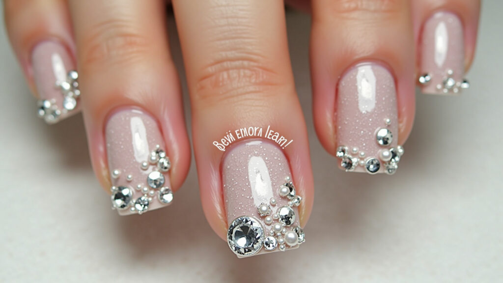 Nail art with rhinestones, crystals, pearls, neutral polish, lifestyle photography, 8K quality, Unhas decoradas com pedrarias brilhantes.
