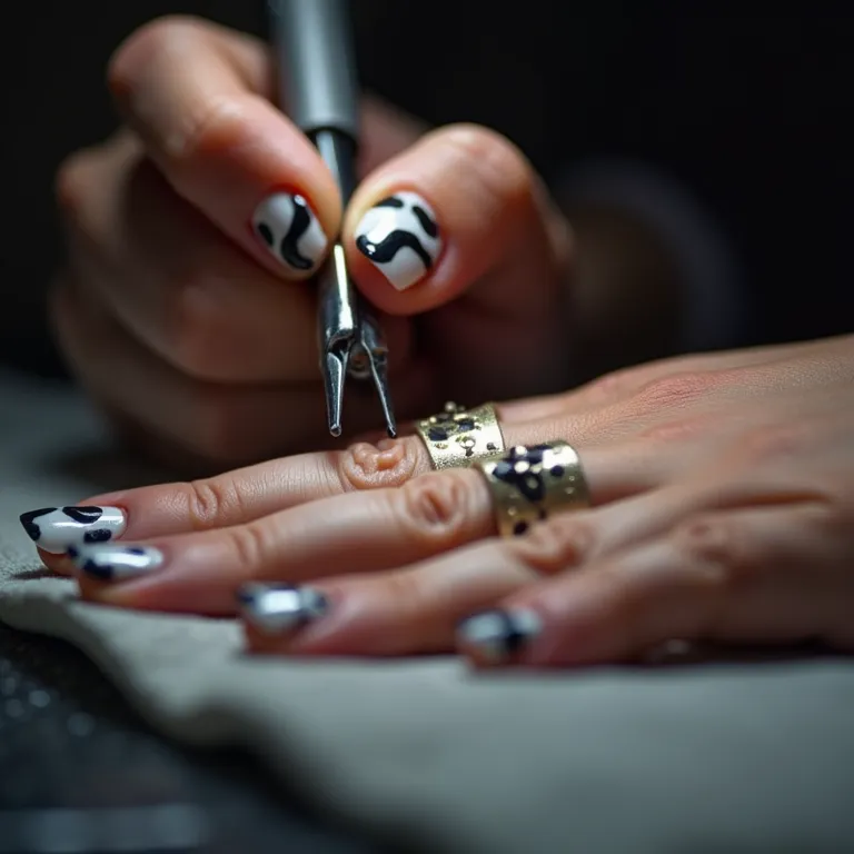 Nail artist criando manchas uniformes de vaca.