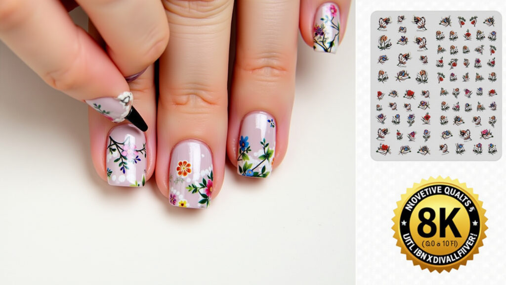 Nail stickers, floral prints, easy application, lifestyle photography, 8K quality, sharp focus, Unhas com adesivos de estampas florais.