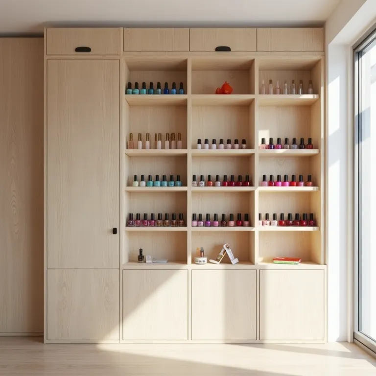 Nichos e prateleiras minimalistas para esmaltes.