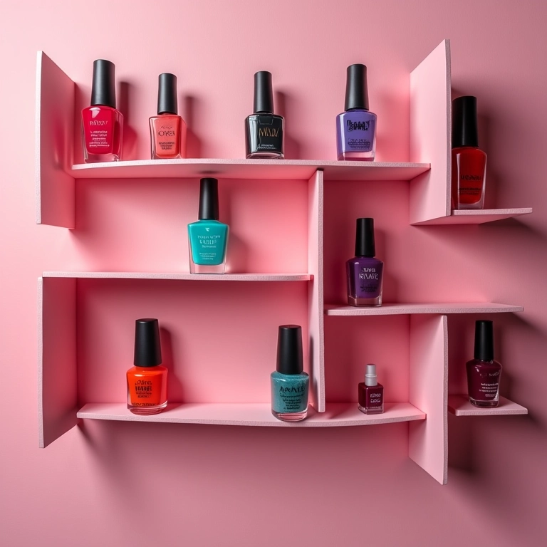 Nichos individuais como prateleiras para esmaltes em parede colorida.