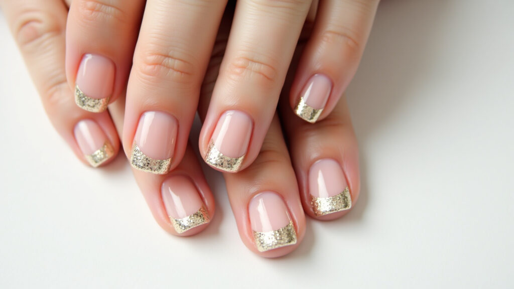 Francesinha nude rosé com glitter dourado.