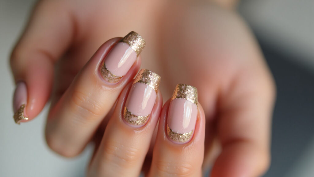 Nude rose nails with delicate gold details, thin lines, professional photography, 8k, luxurious Detalhes em dourado em unhas nude rosé.