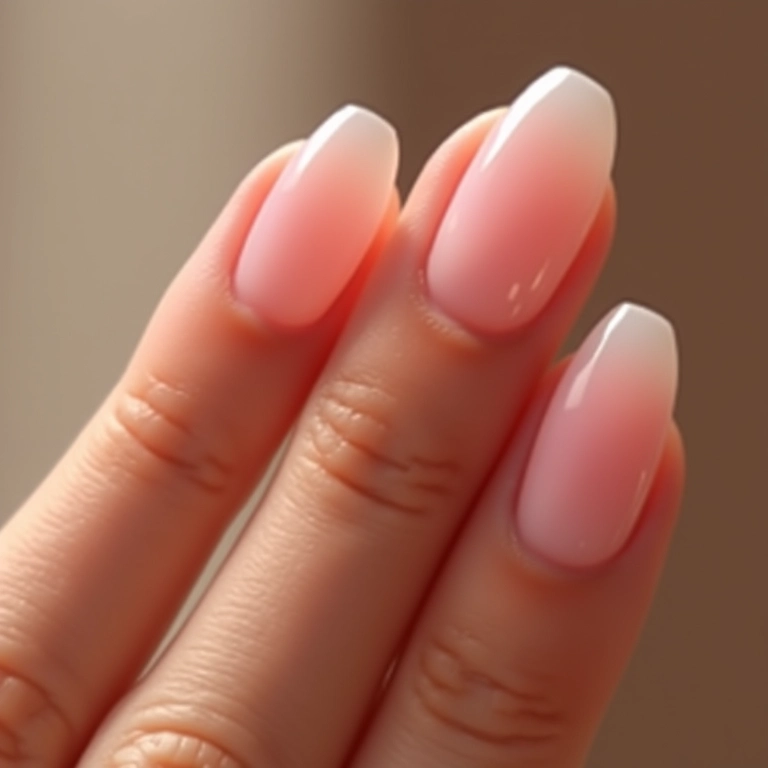 Ombré discreto do transparente para o rosa claro nas unhas.
