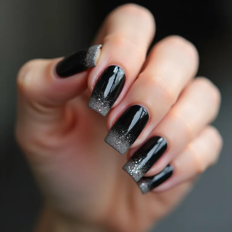 Ombré do preto ao glitter em unhas.