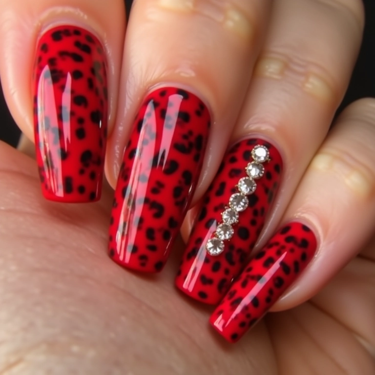 Oncinha vermelha com pedrarias nas unhas.