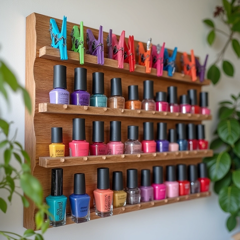 Painel de esmaltes com pregadores coloridos.