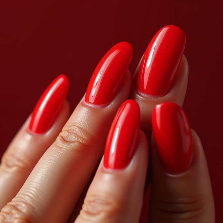 Pedicure vermelho metalizado brilhante.