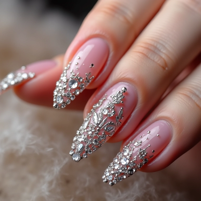 Pedrarias e cristais Swarovski em unhas decoradas para debutantes.