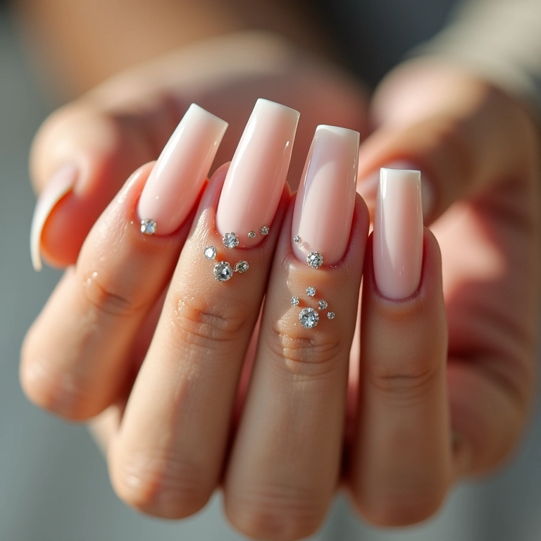 Pedrarias e strass delicados em unhas quadradas curtas.