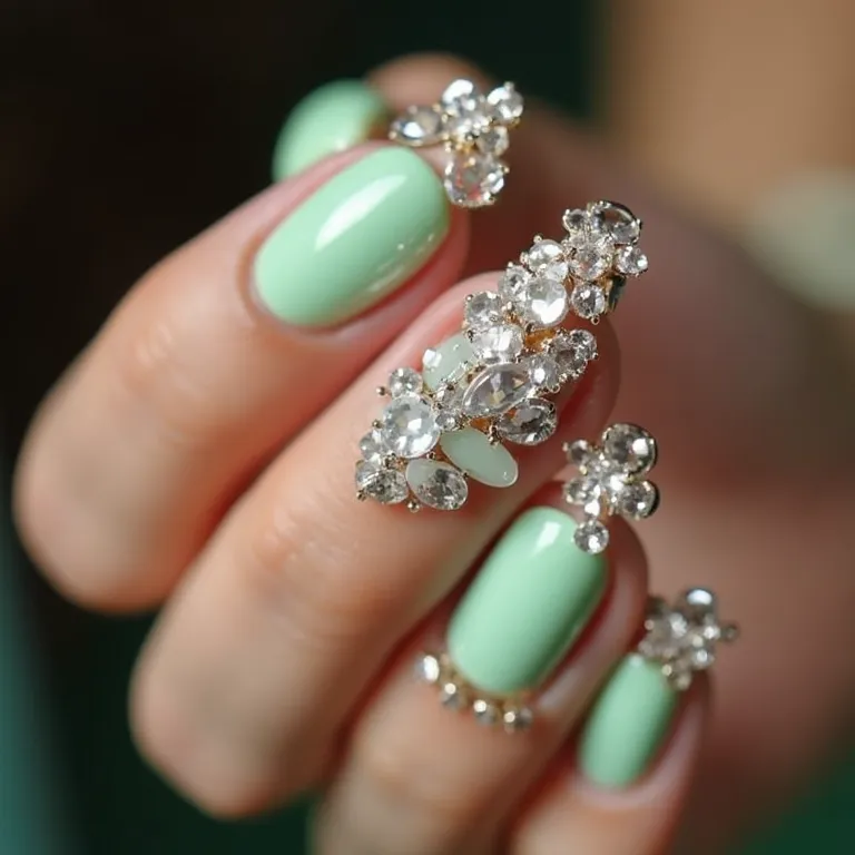 Pedrarias e strass em unhas verde claro: brilho extra.