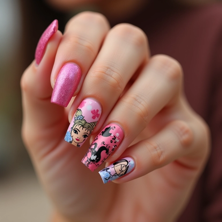 Películas da Barbie nas unhas, fácil e prático.
