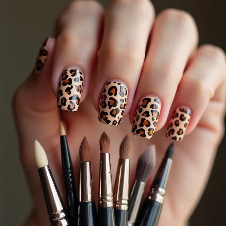 Pincéis para Nail Art da Kiss NY exibidos com unhas de onça.