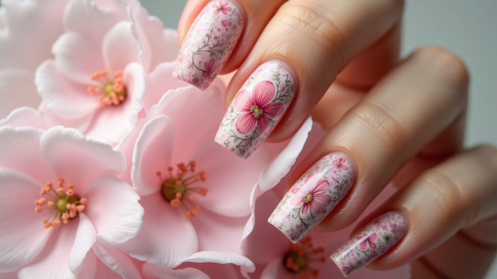 Pink and white floral nail art, delicate flowers, close-up, 8k, professional photography, sharp Florais rosa e branco: romantismo.