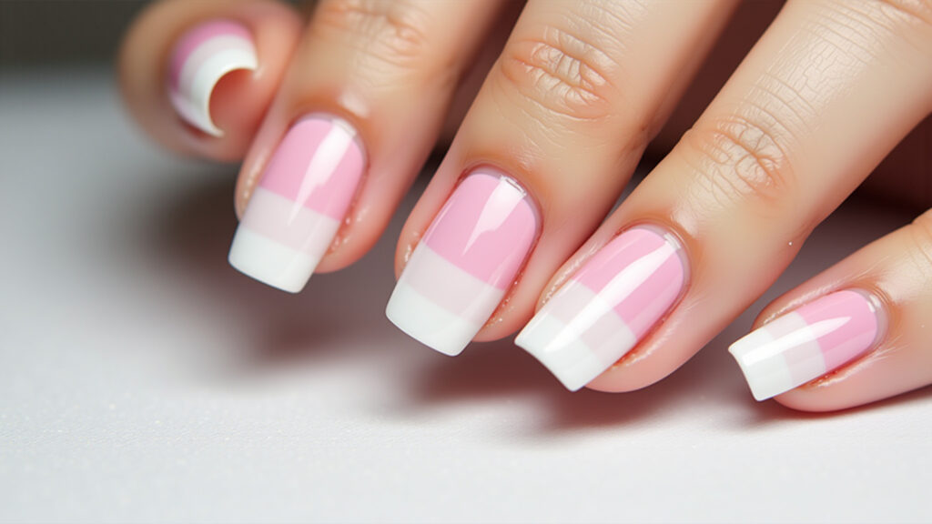 Pink and white nail stickers, easy application, close-up, 8k, professional photography, sharp Adesivos rosa e branco: praticidade.