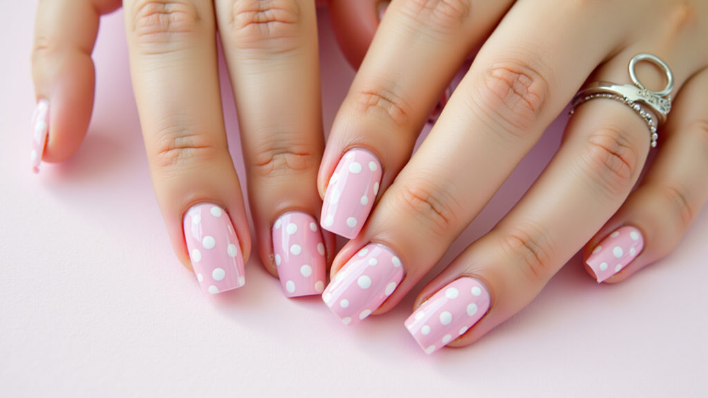 Unhas poá rosa e branco: um clássico divertido e charmoso.