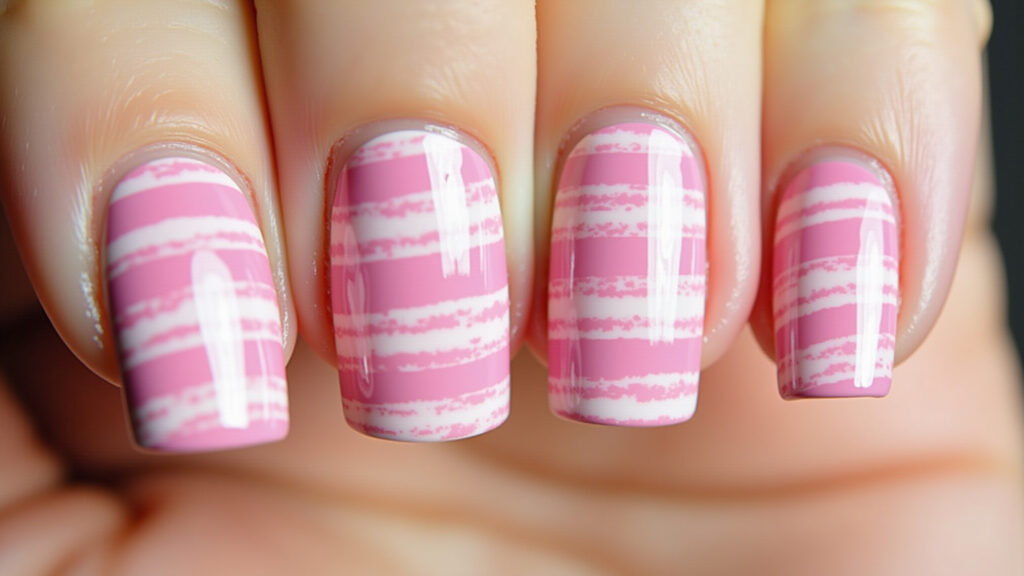 Pink and white striped nail art, vertical stripes, close-up, 8k, professional photography, sharp Listras rosa e branco: geometria divertida.