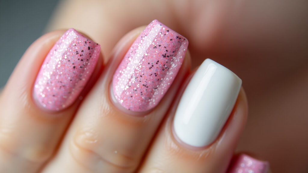 Pink glitter and white nail art, sparkling nails, close-up, 8k, professional photography, sharp Glitter rosa e branco: brilho e glamour.