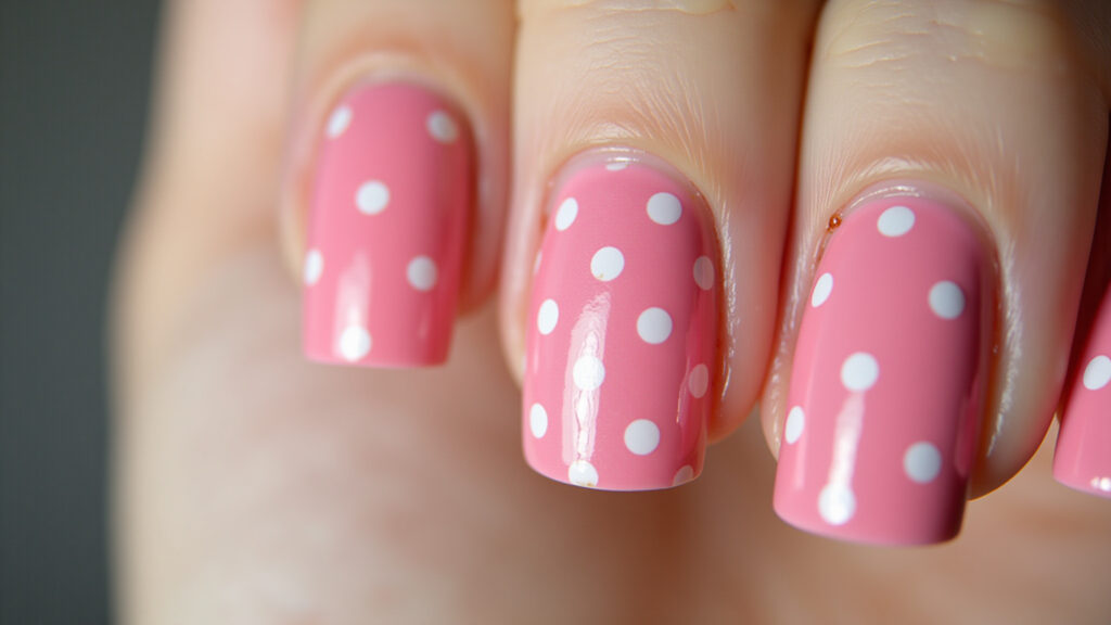Pink nails with white polka dots, close-up, 8k, professional photography, sharp focus, retro, Poá rosa e branco: charme retrô.