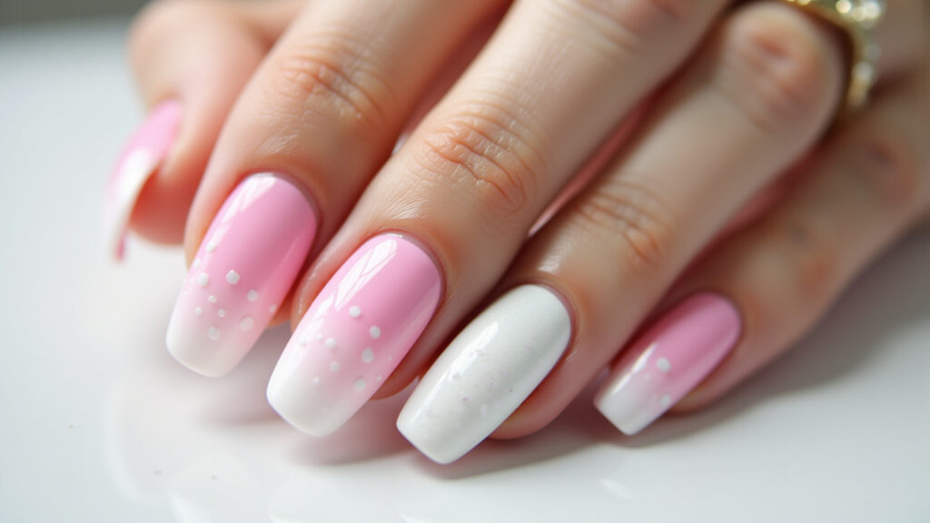 Pink to white ombre nails, close-up, 8k, professional photography, sharp focus, modern, natural Ombré rosa e branco: transição suave e moderna.