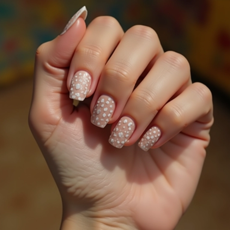 Pontilhismo branco sobre unhas nude, delicado e charmoso.