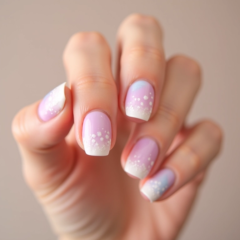 Pontilhismo delicado em unhas quadradas.