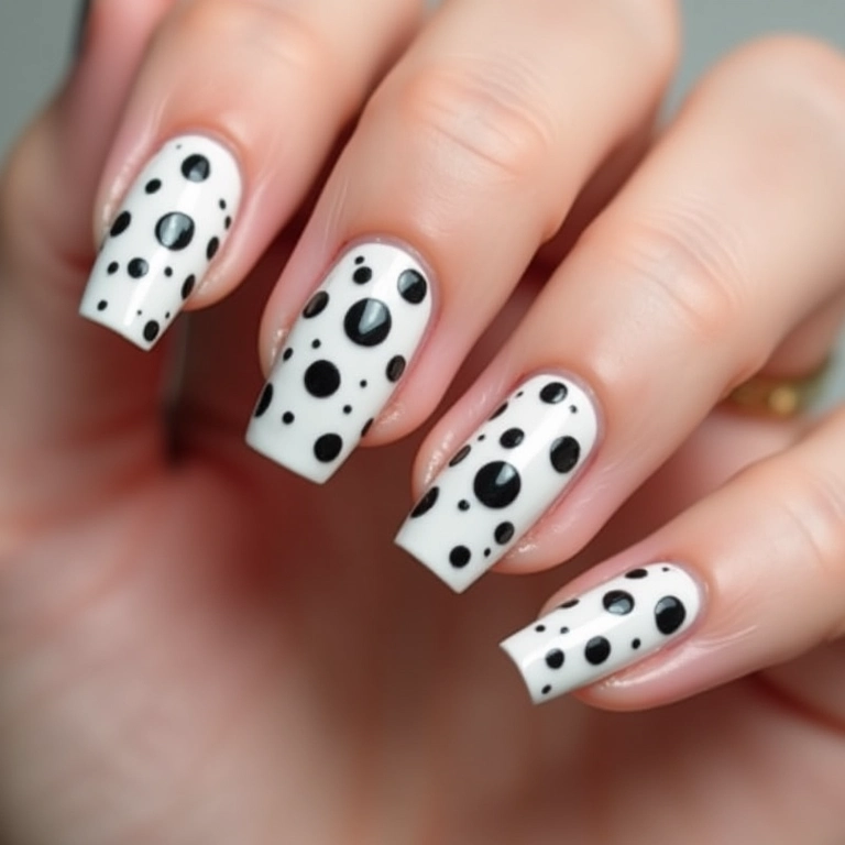 Pontilhismo preto e branco nas unhas: design divertido.
