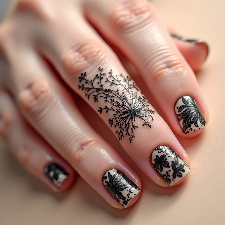 Pontilhismo preto sobre nude em unhas decoradas.