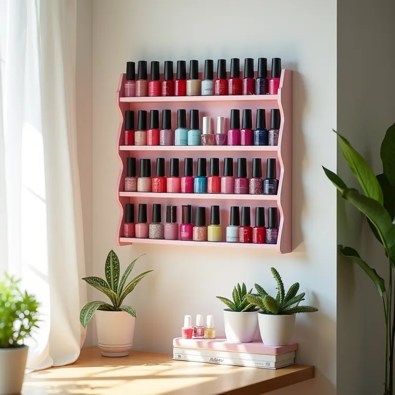 Porta esmalte de parede organizado e decorado com frascos coloridos.