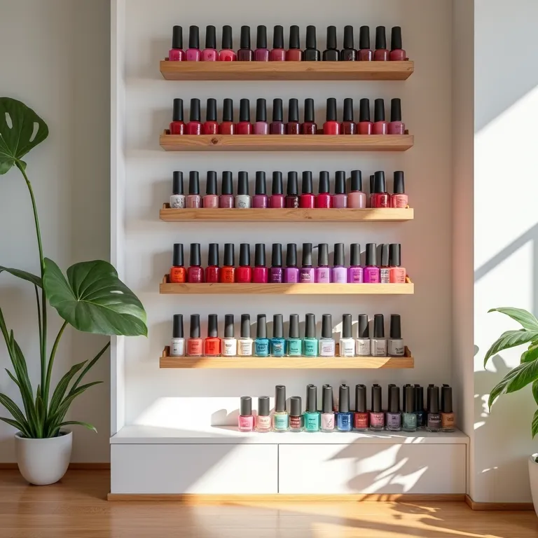 Porta esmalte de parede organizado e vibrante.