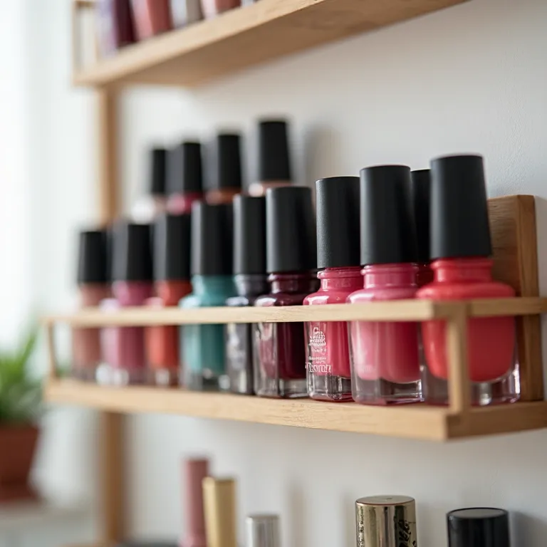 Porta esmalte de parede otimizando espaço em um ambiente compacto.