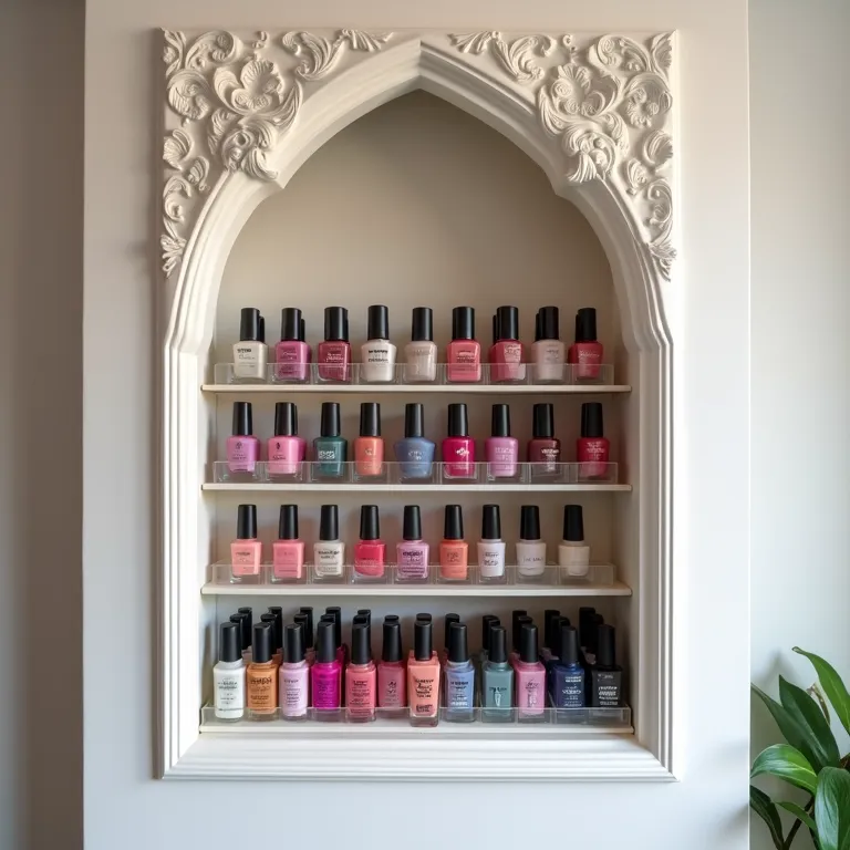 Porta esmalte em nicho decorativo na parede.