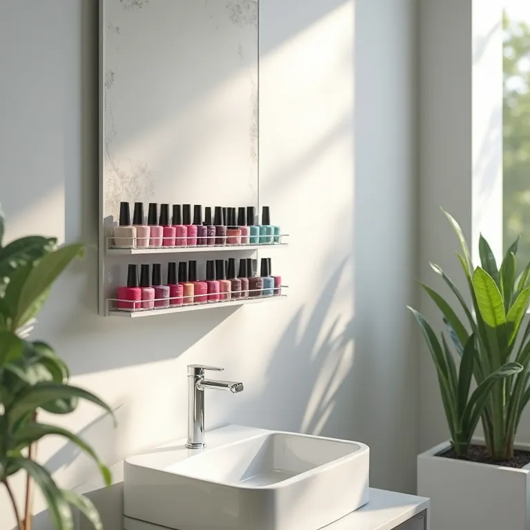 Porta esmalte instalado em banheiro ventilado e iluminado.