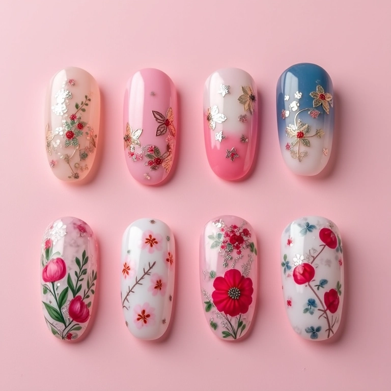 Possibilidades de decoração em unhas de fibra.