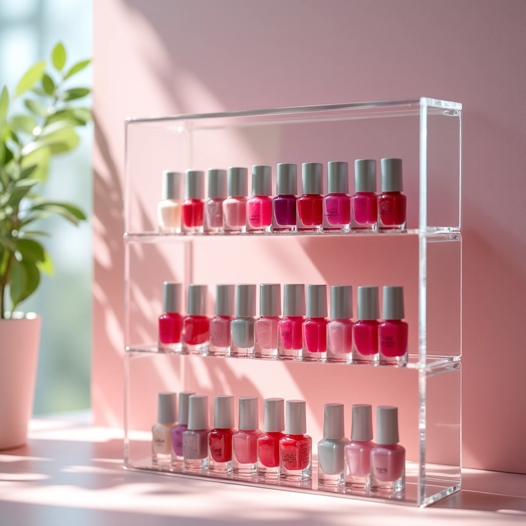 Prateleiras de acrílico transparentes exibindo esmaltes coloridos em ambiente clean.