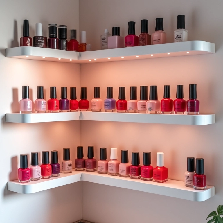 Prateleiras de canto otimizando espaço com esmaltes.