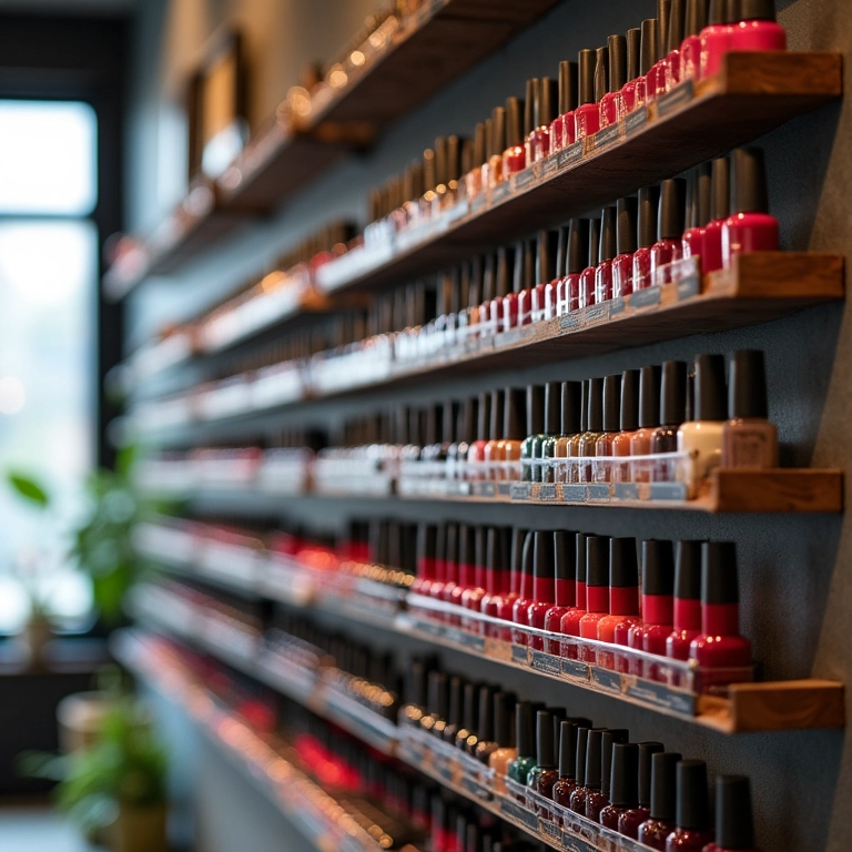 Prateleiras de metal suspensas com esmaltes em decoração industrial.