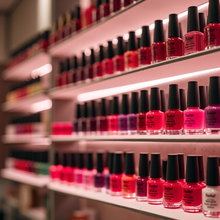 Prateleiras organizadas com esmaltes coloridos em ambiente decorado com estilo brasileiro.