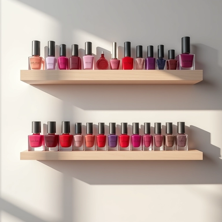 Prateleiras suspensas minimalistas para esmaltes.