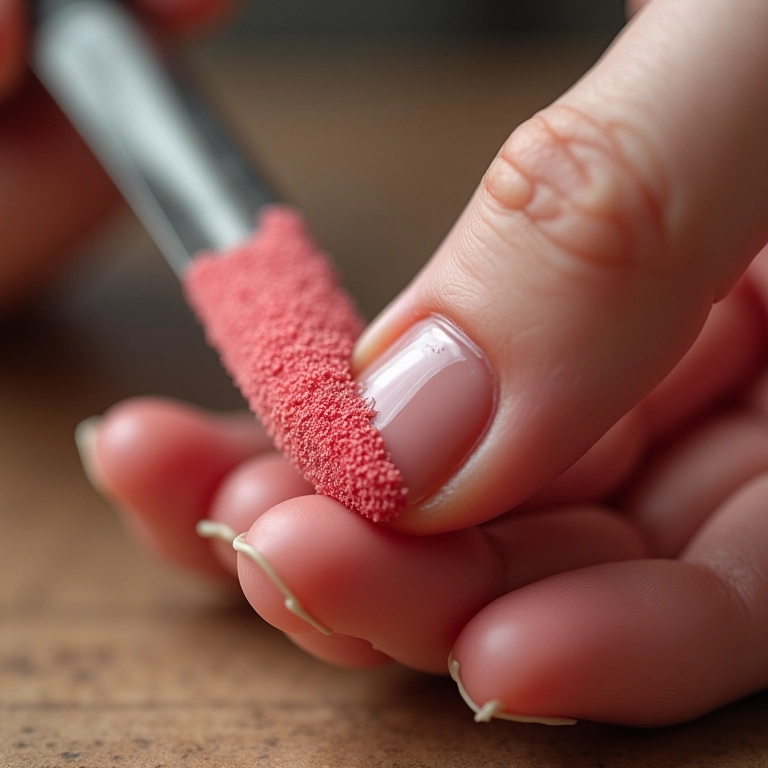 Pressionando a esponja com esmalte nas unhas.
