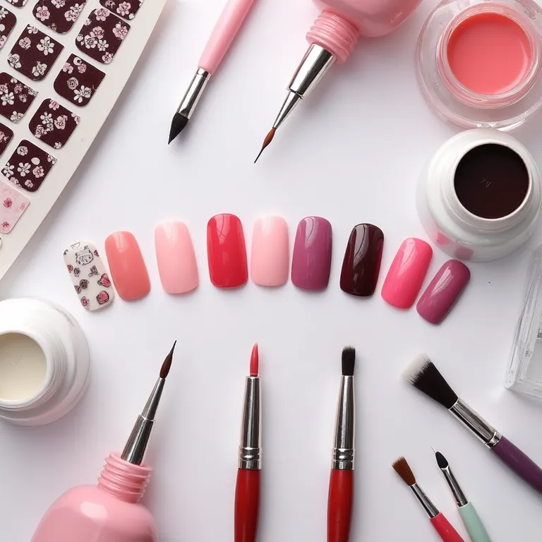 Produtos essenciais para unhas decoradas Kpop, como esmaltes, pincéis e adesivos temáticos.